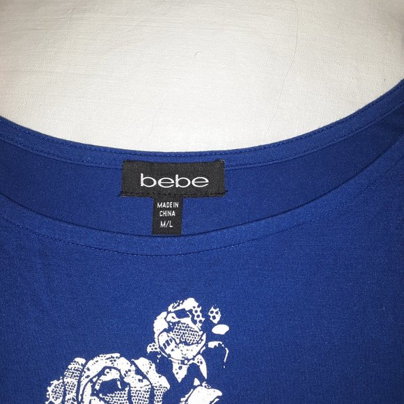 BEBE Blue Crop Top with white lace scull print, Size M/L, used - Picture 5 of 6